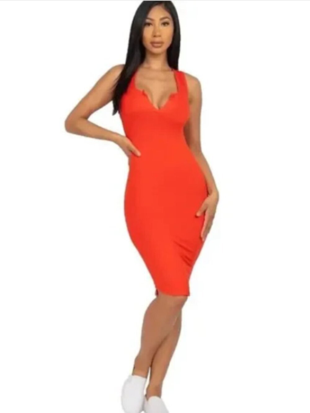 NEW Capella Large Red / Orange Split Neck Tank Bodycon Pencil Club Dress Stretch